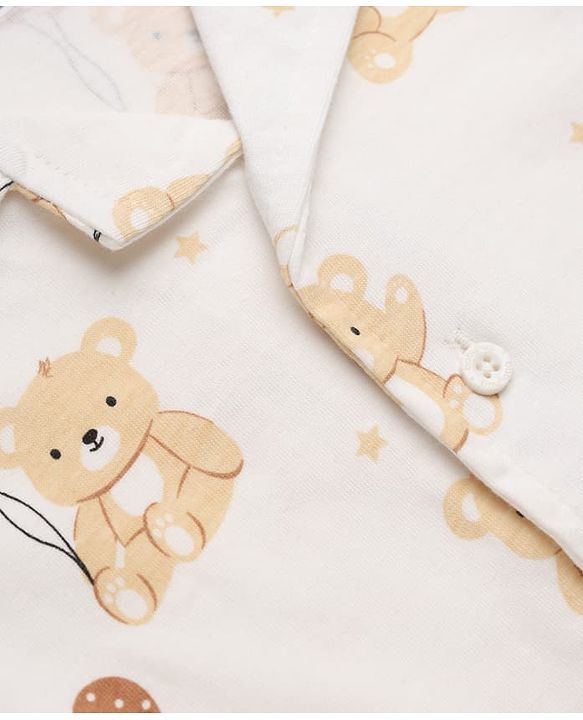 Babyhug 100% Cotton Knit Full Sleeves Co-Ords Shirt & Pyjama Night Suit with Bear Print - Offwhite
