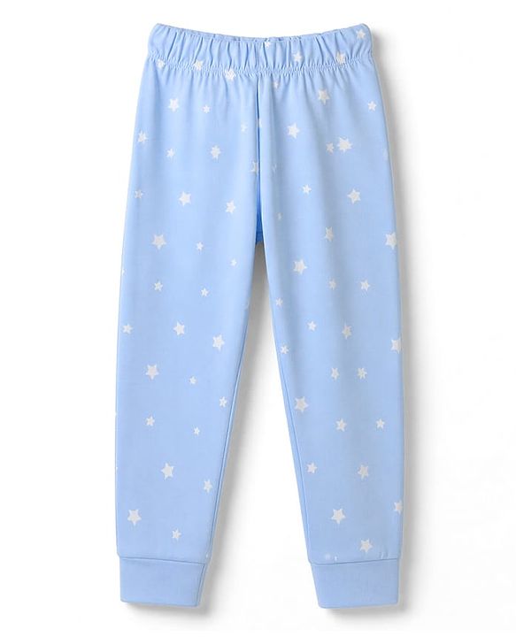 Babyhug 100% Cotton Knit Full Sleeves T-Shirt & Pyjama Night Suit with Bear Patch & Star Print - Sky Blue
