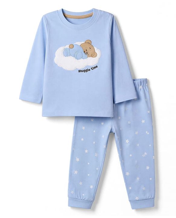 Babyhug 100% Cotton Knit Full Sleeves T-Shirt & Pyjama Night Suit with Bear Patch & Star Print - Sky Blue