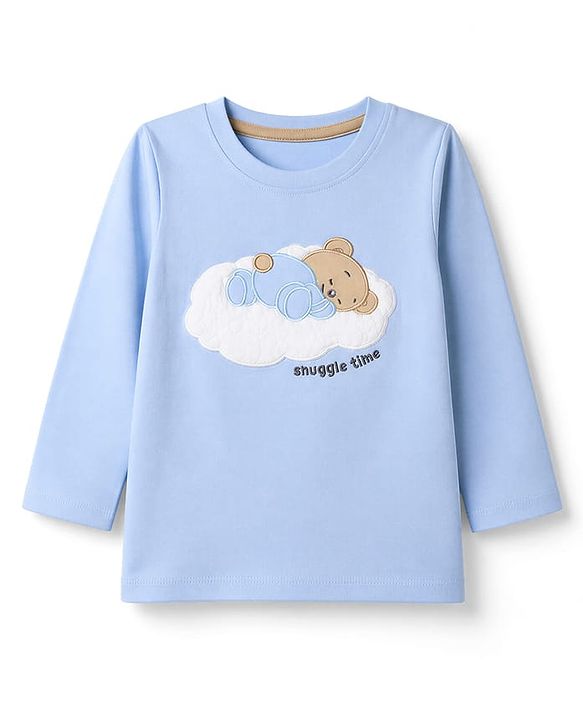 Babyhug 100% Cotton Knit Full Sleeves T-Shirt & Pyjama Night Suit with Bear Patch & Star Print - Sky Blue