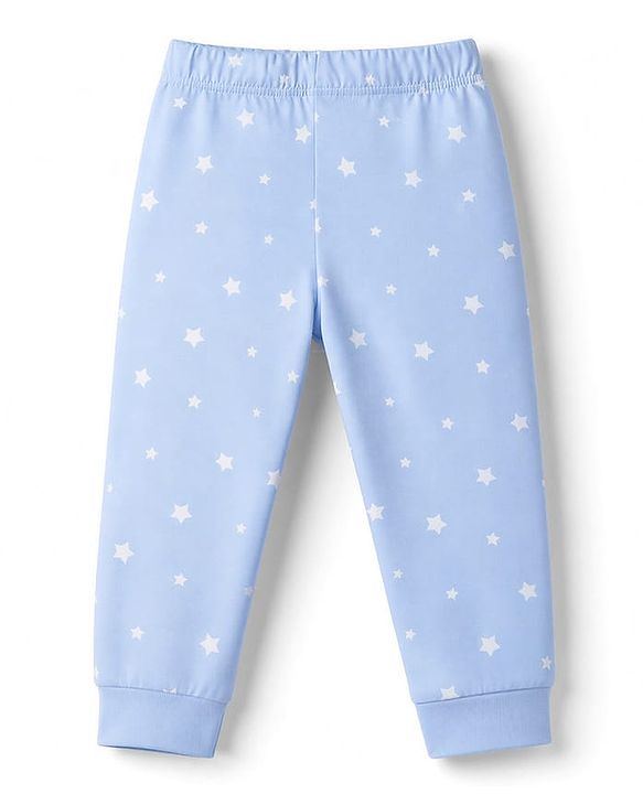 Babyhug 100% Cotton Knit Full Sleeves T-Shirt & Pyjama Night Suit with Bear Patch & Star Print - Sky Blue