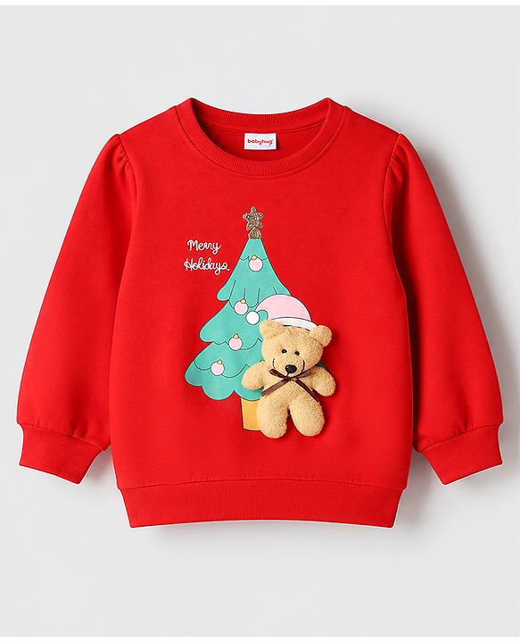 Babyhug 100% Cotton Knit Full Sleeves Sweatshirt With Bear Applique - Red