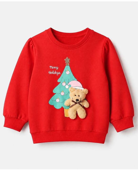 Babyhug 100% Cotton Knit Full Sleeves Sweatshirt With Bear Applique - Red