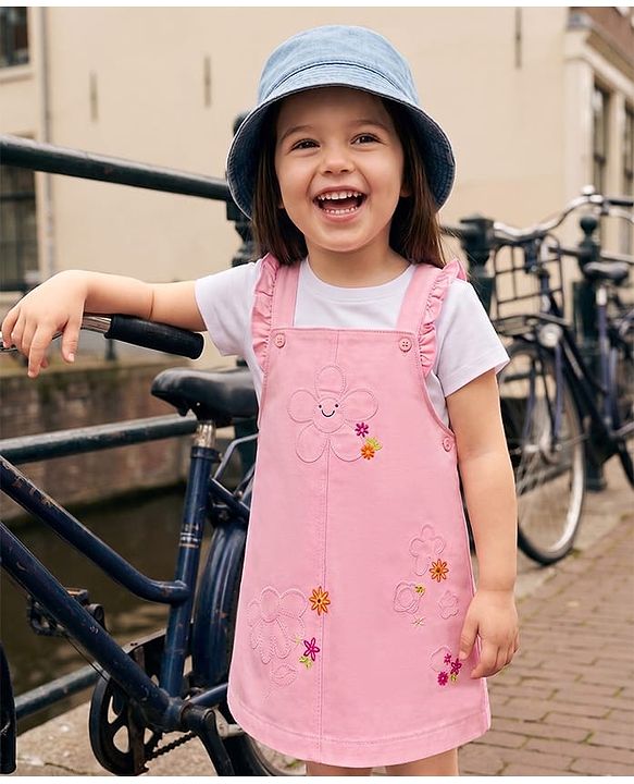 Babyhug Twill Woven Half Sleeves Floral Embroidery Frock with Inner Tee - Pink