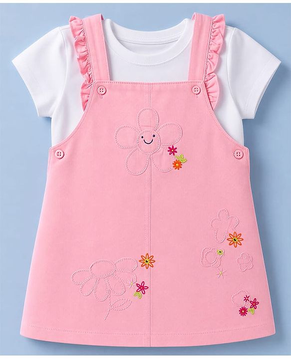 Babyhug Twill Woven Half Sleeves Floral Embroidery Frock with Inner Tee - Pink