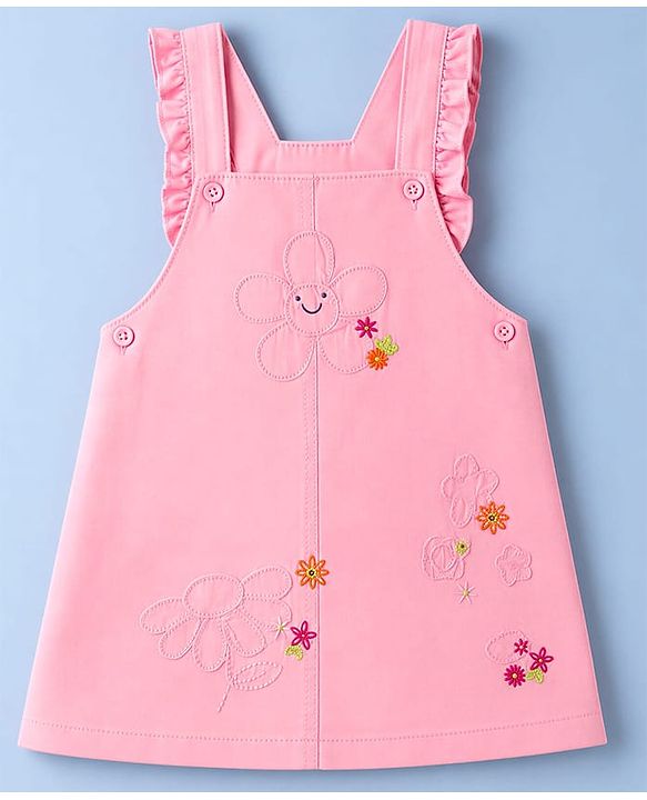 Babyhug Twill Woven Half Sleeves Floral Embroidery Frock with Inner Tee - Pink