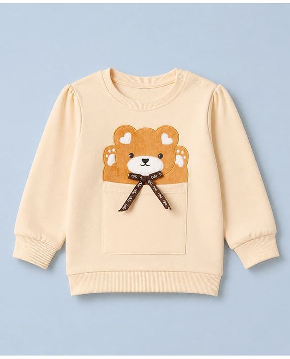 Babyhug 100% Cotton Knit Sweatshirt with Full Sleeves, and Bear Applique in Beige
