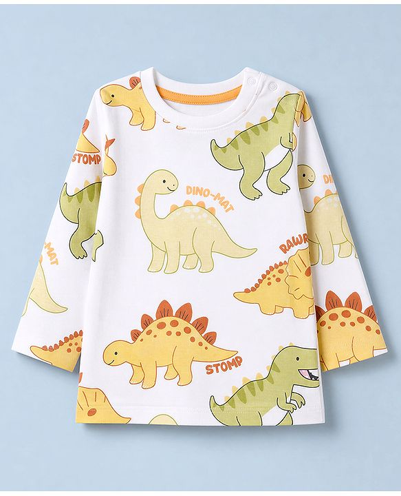Babyhug 100% Cotton Knit Full Sleeves Co-Ords T-Shirt & Pyjama Night Suit with Dinosaur Print - White