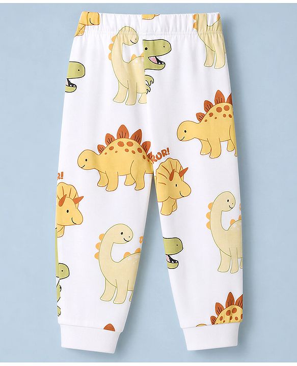 Babyhug 100% Cotton Knit Full Sleeves Co-Ords T-Shirt & Pyjama Night Suit with Dinosaur Print - White