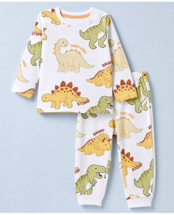 Babyhug 100% Cotton Knit Full Sleeves Co-Ords T-Shirt & Pyjama Night Suit with Dinosaur Print - White