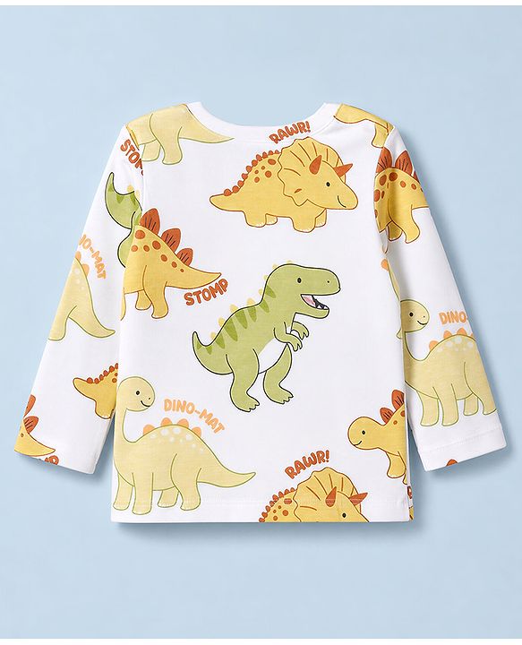 Babyhug 100% Cotton Knit Full Sleeves Co-Ords T-Shirt & Pyjama Night Suit with Dinosaur Print - White