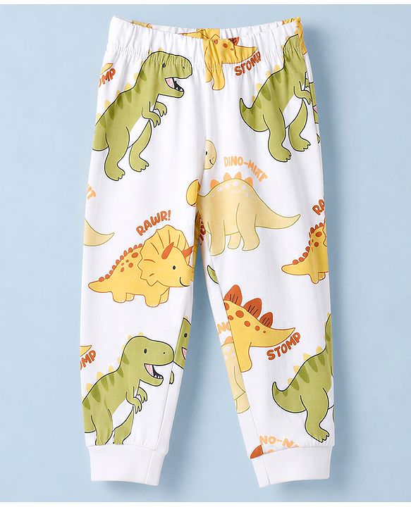 Babyhug 100% Cotton Knit Full Sleeves Co-Ords T-Shirt & Pyjama Night Suit with Dinosaur Print - White