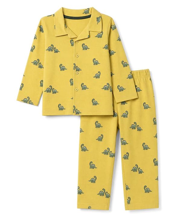 Babyhug 100% Cotton Knit Full Sleeves Co-Ords Shirt & Pyjama Night Suit with Dinosaur Print - Yellow