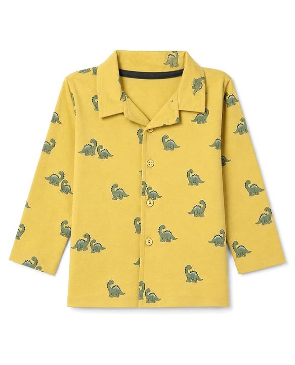 Babyhug 100% Cotton Knit Full Sleeves Co-Ords Shirt & Pyjama Night Suit with Dinosaur Print - Yellow