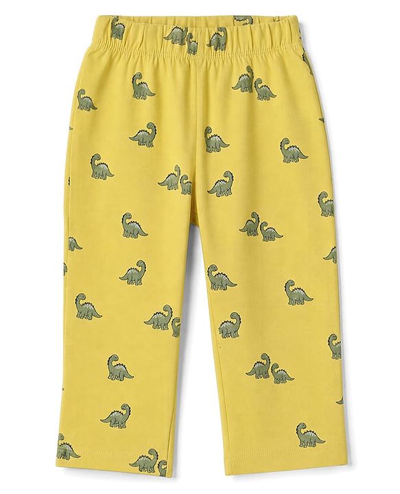 Babyhug 100% Cotton Knit Full Sleeves Co-Ords Shirt & Pyjama Night Suit with Dinosaur Print - Yellow
