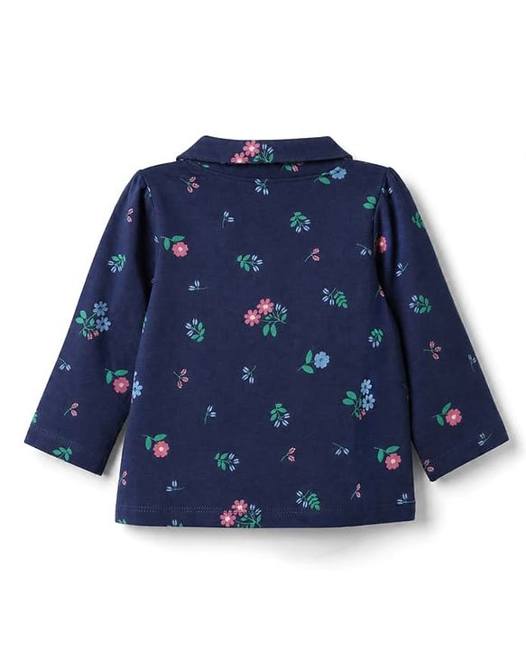 Babyhug 100% Cotton Knit Full Sleeves Co-Ords Top & Pyjama Night Suit with Floral Print - Navy Blue