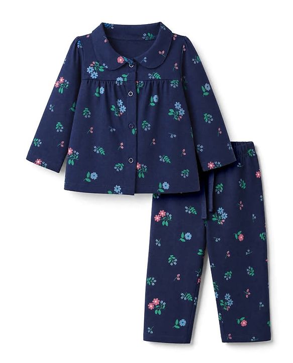 Babyhug 100% Cotton Knit Full Sleeves Co-Ords Top & Pyjama Night Suit with Floral Print - Navy Blue