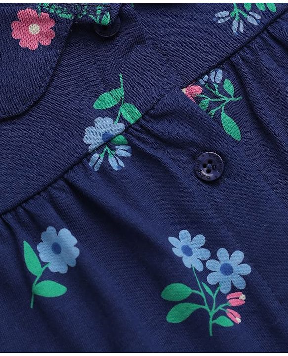 Babyhug 100% Cotton Knit Full Sleeves Co-Ords Top & Pyjama Night Suit with Floral Print - Navy Blue