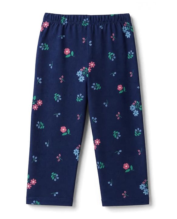 Babyhug 100% Cotton Knit Full Sleeves Co-Ords Top & Pyjama Night Suit with Floral Print - Navy Blue