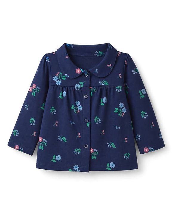 Babyhug 100% Cotton Knit Full Sleeves Co-Ords Top & Pyjama Night Suit with Floral Print - Navy Blue