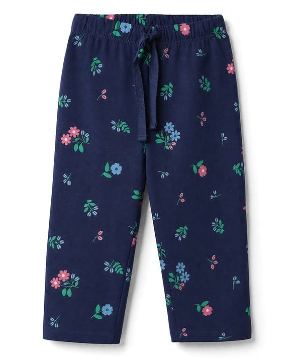 Babyhug 100% Cotton Knit Full Sleeves Co-Ords Top & Pyjama Night Suit with Floral Print - Navy Blue