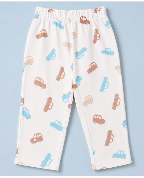 Babyhug 100% Cotton Knit Full Sleeves Co-Ords Shirt & Pyjama Night Suit with Car Print - White