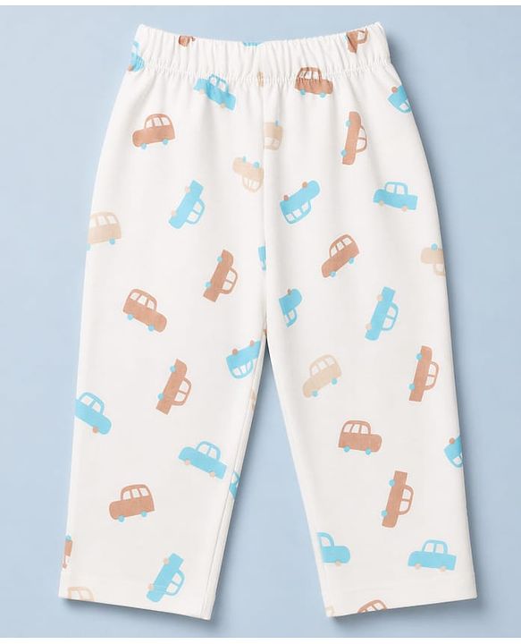 Babyhug 100% Cotton Knit Full Sleeves Co-Ords Shirt & Pyjama Night Suit with Car Print - White