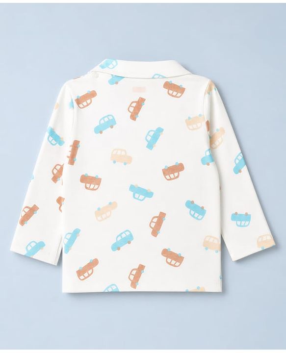 Babyhug 100% Cotton Knit Full Sleeves Co-Ords Shirt & Pyjama Night Suit with Car Print - White