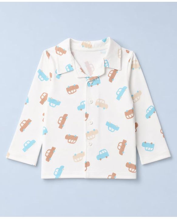 Babyhug 100% Cotton Knit Full Sleeves Co-Ords Shirt & Pyjama Night Suit with Car Print - White