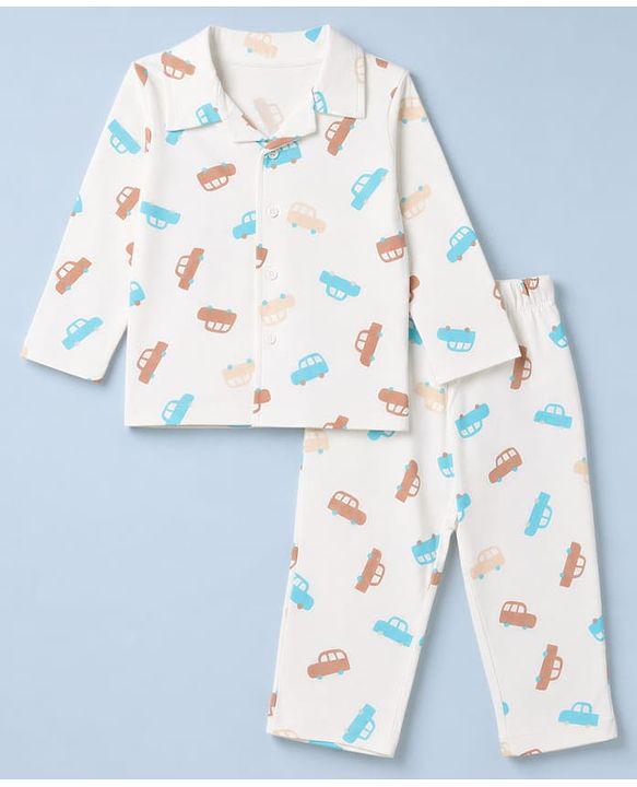 Babyhug 100% Cotton Knit Full Sleeves Co-Ords Shirt & Pyjama Night Suit with Car Print - White
