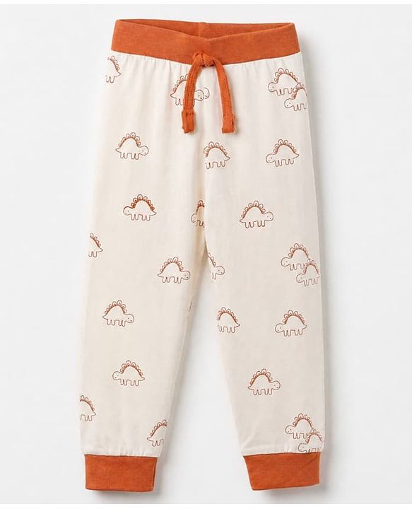 Babyhug Cotton Jersey Knit Full Length Lounge Pants with Dinosaur Print Pack of 3 - Blue, Orange & White