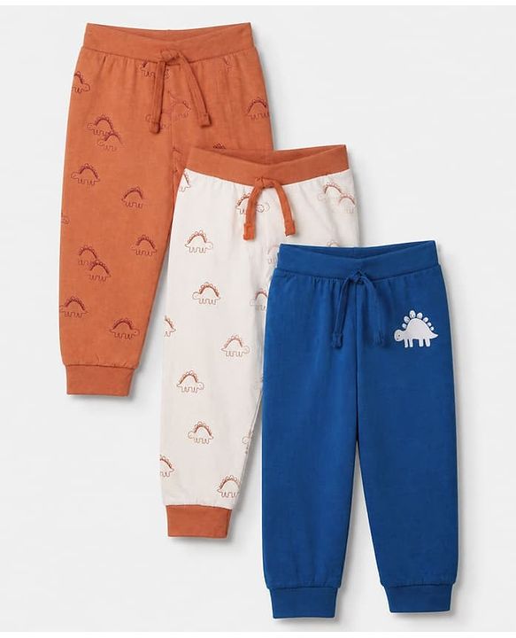 Babyhug Cotton Jersey Knit Full Length Lounge Pants with Dinosaur Print Pack of 3 - Blue, Orange & White