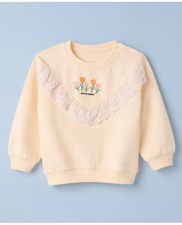 Babyhug 100% Cotton Knit Sweatshirt with Heavy Gauge Full Sleeves and Floral Print With Lace in Peach