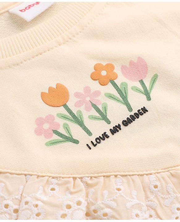 Babyhug 100% Cotton Knit Sweatshirt with Heavy Gauge Full Sleeves and Floral Print With Lace in Peach