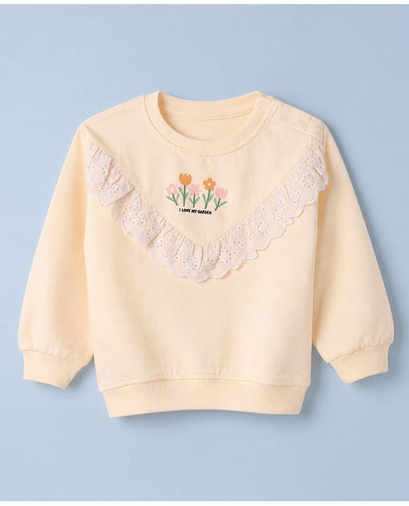 Babyhug 100% Cotton Knit Sweatshirt with Heavy Gauge Full Sleeves and Floral Print With Lace in Peach