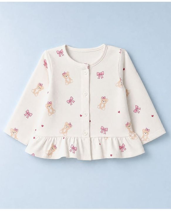 Babyhug Cotton Knit Full Sleeves Co-Ords T-Shirt & Pyjama Night Suit with Bow & Bear Print - White