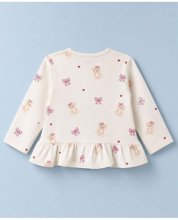 Babyhug Cotton Knit Full Sleeves Co-Ords T-Shirt & Pyjama Night Suit with Bow & Bear Print - White