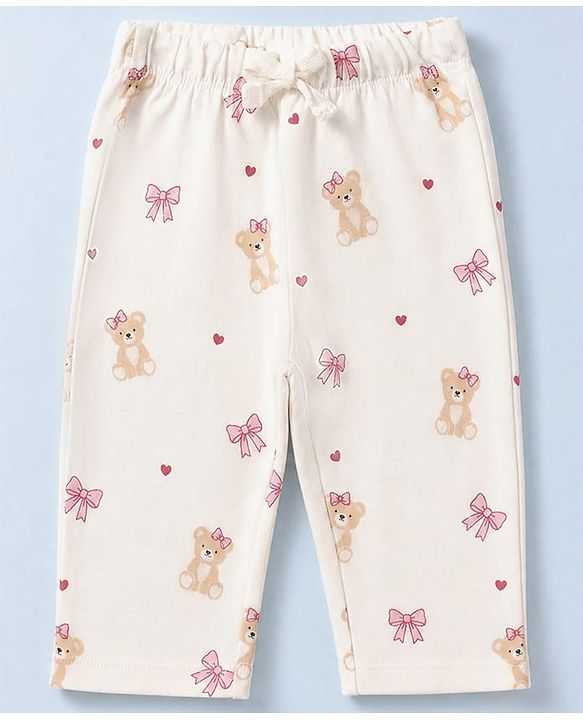 Babyhug Cotton Knit Full Sleeves Co-Ords T-Shirt & Pyjama Night Suit with Bow & Bear Print - White