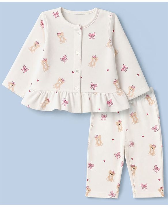 Babyhug Cotton Knit Full Sleeves Co-Ords T-Shirt & Pyjama Night Suit with Bow & Bear Print - White