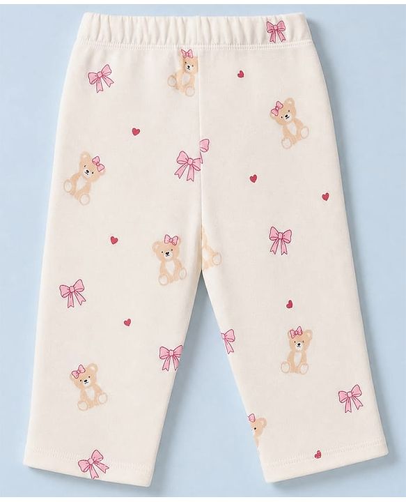 Babyhug Cotton Knit Full Sleeves Co-Ords T-Shirt & Pyjama Night Suit with Bow & Bear Print - White