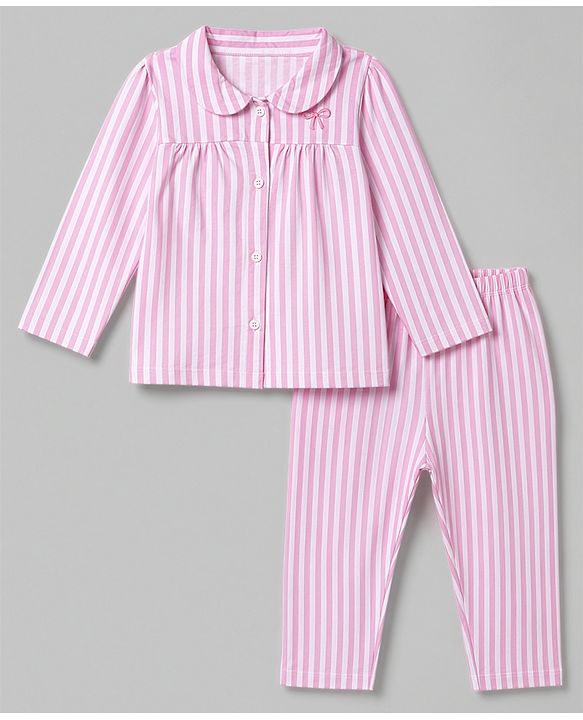 Babyhug 100% Cotton Knit Full Sleeves Striped Co-Ords Top & Pyjama Night Suit with Bow Embroidery - Pink