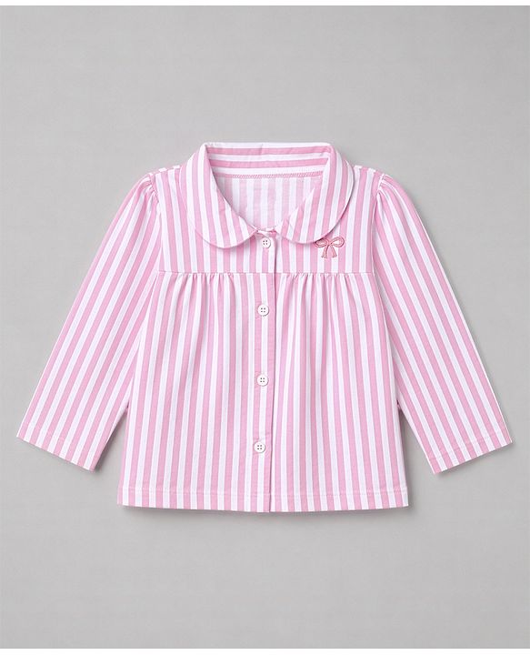Babyhug 100% Cotton Knit Full Sleeves Striped Co-Ords Top & Pyjama Night Suit with Bow Embroidery - Pink