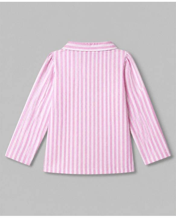 Babyhug 100% Cotton Knit Full Sleeves Striped Co-Ords Top & Pyjama Night Suit with Bow Embroidery - Pink