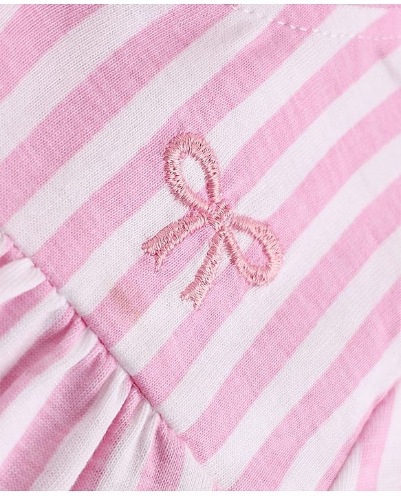 Babyhug 100% Cotton Knit Full Sleeves Striped Co-Ords Top & Pyjama Night Suit with Bow Embroidery - Pink