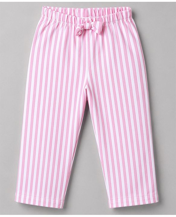 Babyhug 100% Cotton Knit Full Sleeves Striped Co-Ords Top & Pyjama Night Suit with Bow Embroidery - Pink