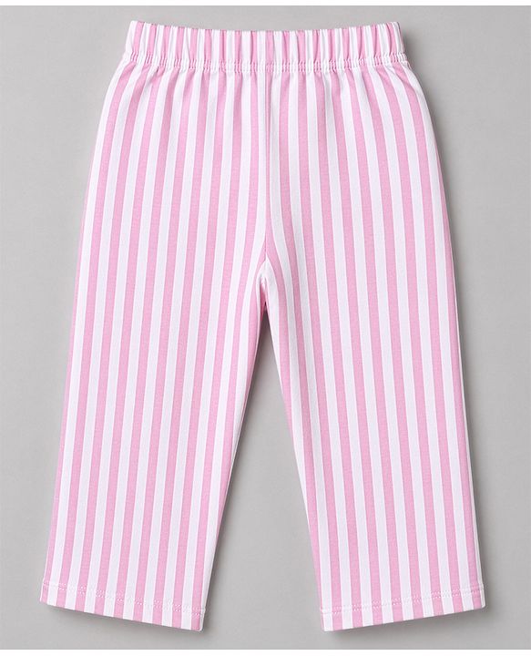 Babyhug 100% Cotton Knit Full Sleeves Striped Co-Ords Top & Pyjama Night Suit with Bow Embroidery - Pink