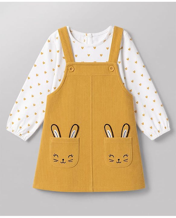 Babyhug Corduroy Woven Frocks with Inner Tee with Full Sleeves and Bunny Applique - Mustard