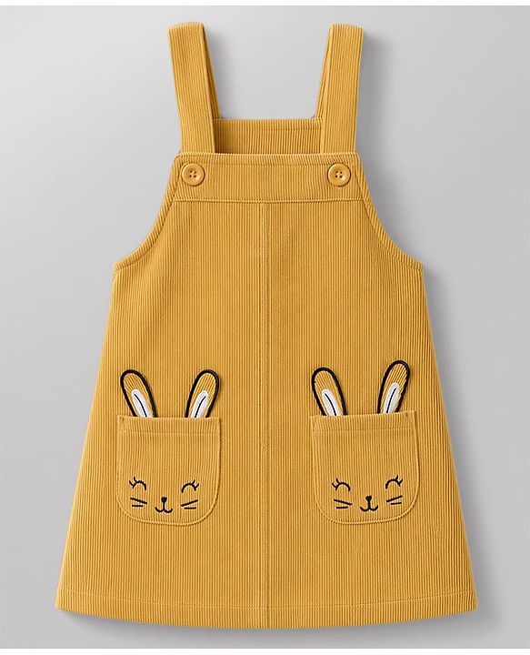Babyhug Corduroy Woven Frocks with Inner Tee with Full Sleeves and Bunny Applique - Mustard