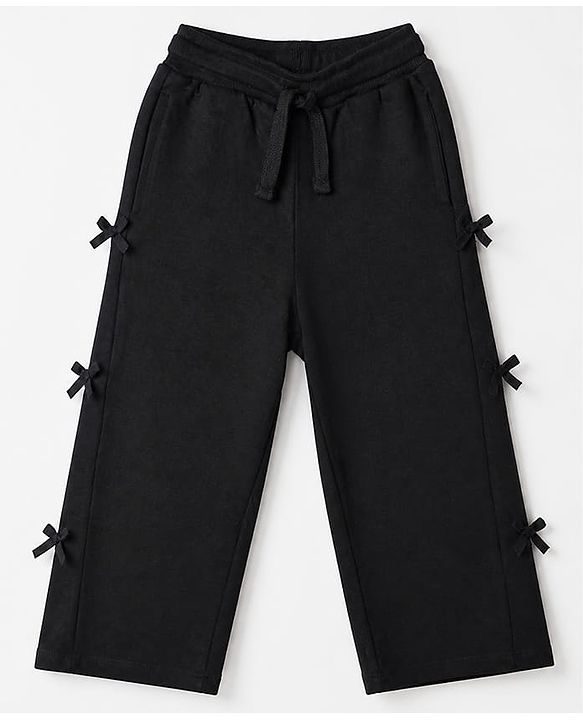 Babyhug Cotton Looper Knit Full Length Lounge Pants with Bow Applique - Black