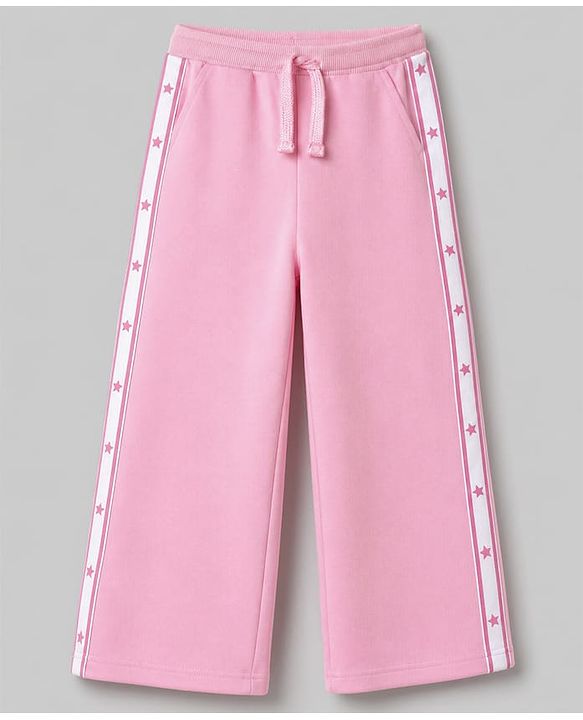 Babyhug 100% Cotton Looper Knit Full Length Star Printed Lounge Pant With Tape Detailing - Pink